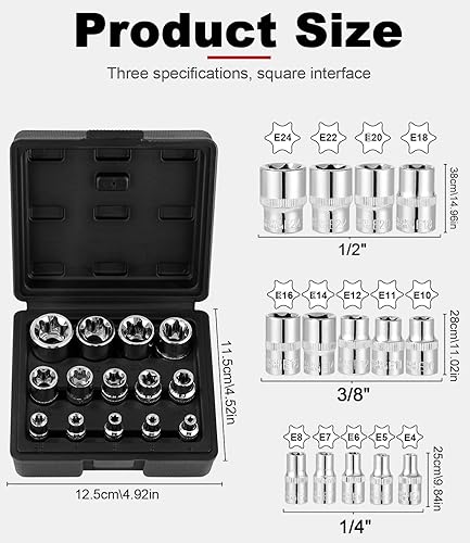 14 Pezzi Chiavi a Bussola E-Torx a Stella Set di Bussole Profilo Di Bussole a Stella E-TORX 1/4' 3/8' 1/2' E4 E5 E6 E7 E8 E10 E11 E12 E14 E16 E18 E20 E22 E24 con Custodia Nera - Honorern