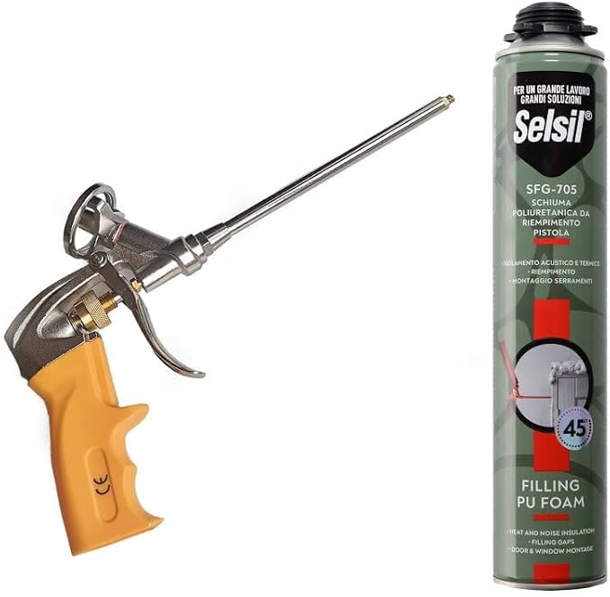 Kit Pistola per Schiuma Poliuretanica Modello Professionale in Acciaio con Otturatore in Ottone Applicatore Preciso e Resistente e Bomboletta di Schiuma Poliuretanica - Honorern