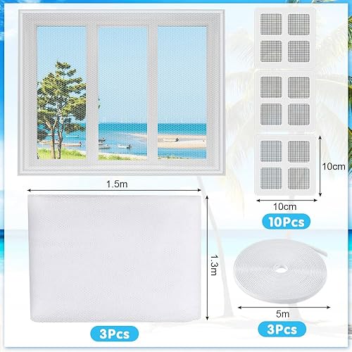 3 Rotoli Zanzariera per Finestre 1,3*1,5m con 3 Nastri Autoadesivi e 10 Riparazione per Zanzariere Zanzariera per Finestre a Rete per Bloccare Insetti Zanzare Mosche ed Altri Insetti, Bianco - Honorern