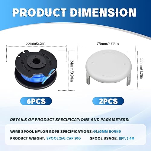 Bobine Filo Tagliabordi compatibile con Ryobi RAC124 AC14RL3A, bobina di filo di ricambio per Ryobi One+ 18 V, 24 V, 40 V, Ø 1,65 mm 3,4 m,con copertura per bobina AC14HCA(6 bobine+2 tappo) - Honorern