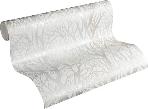 Carta Da Parati Foresta New Life Carta da parati tessuto non tessuto 10.05 m x 0.53 m Bianco Argento Prodotto in Germania 300941 30094-1 - Honorern