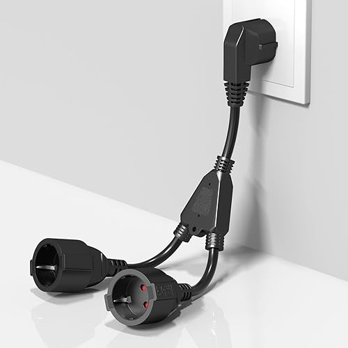 Luxvista Doppia Spina per Presa 2-Slot Presa Multipla con Cavo Flessibile 2 in 1 Schuko Cavo di Estensione Breve IP20 Grado di Protezione per Interni ed Esterni, 16A/250V/4000W, Nero - Honorern