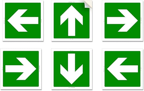 ADESIVI FRECCE USCITA EMERGENZA 6 pz. - da 10 cm - Frecce Guida verso Uscita di Sicurezza, orientabili in ogni direzione, in PVC morbido, Impermeabili, anti UV, mis. 10x10 cm - Honorern