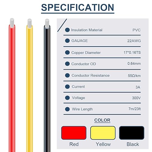 DAOKAI 22 Gauge PVC Cavo elettrico 300V 22 AWG UL1007 Fili di rame rivestiti con nucleo solido 3 colori (nero, rosso, giallo) 7m ogni cavo Kit di cavi di aggancio per stampante 3D, modello di auto - Honorern