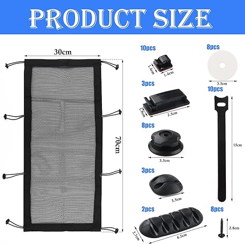 Rete per Cavi da Scrivania Fascetta per Cavi Autoadesiva Kit Organizzazione Autoadesivo Clip Cavo 30 X 70 Cm Rete per la Gestione per TV-Pc Sotto Scrivania Cavigestione - Honorern