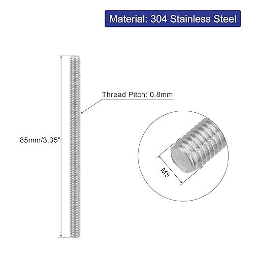 4pz Asta Filettata Intera, M5 x 85mm Acciaio Inossidabile 304 Borchie Barra Filettatura Destra M5-0.8 Filo di Pece per Assemblaggio Mobili Macchinari - Honorern