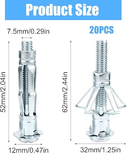 20 Pezzi Tasselli di Espansione, M8 × 52 mm Cartongesso Corpo cavo in Metallo, Tasselli per Cartongesso, Zincati Tasselli Metallici a Espansione, Fissaggio in Cartongesso, per Lastre e Pannelli - Honorern