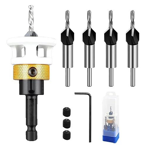 Svasatore per Legno, Set di 4 Punte per Svasatura Conica con Arresto di Profondità e Attacco Esagonale da 1/4', in HSS-M2 Punte da Trapano per Svasare Regolabile per per Fori in Legno Plastica - Honorern