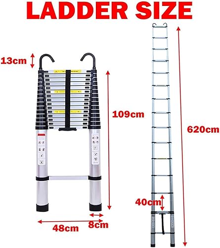 Scala Telescopica 20FT/6.2M, Scale Pieghevoli di Estensione con 2 Ganci Rimovibili, Scale Retrattili Multifunzione in Alluminio per uso quotidiano, caricata a molla con bloccaggio su ogni piolo - Honorern