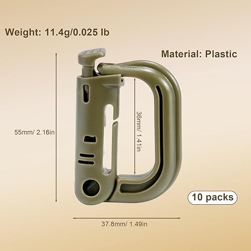 10 Pezzi Set Moschettone In Plastica, Forma a D Moschettone Tattico, Moschettoni, Verde Militare, per Borse, Abbigliamento, Regali - Honorern