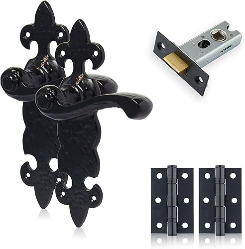Smith's Range Fleur De LYS - Set completo di maniglie per porte, chiavistello tubolare da 65 mm e cerniere da 75 mm, set di maniglie rustiche per porte interne in legno. - Honorern