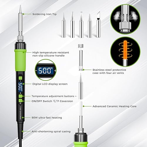 Saldatore a Stagno 90W, Temperatura Regolabile 180-500°C con LCD Digitale | Kit Saldatura con 5 Punte | Modalità Sospensione Automatica | Per Elettronica, PCB, Hobby - Honorern