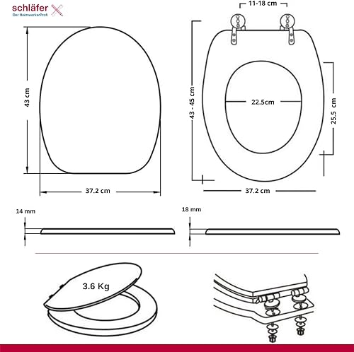 4638166 | Sedile Copriwater Universale Grigio Manhattan, Coprivaso, Sedile Wc, Tavoletta Copri Wc Bagno in Legno 'Weser' Forma Ovale, Cerniere Regolabili in Metallo - Honorern
