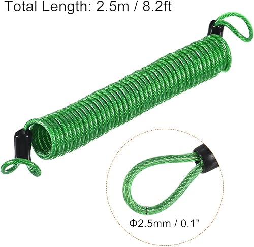 Sicurezza Acciaio Cavo 2.5mm x 2.5m/8.2ft Rivestito Molla Bagaglio Blocco Filo Corda con Doppio Cerchio Verde - Honorern