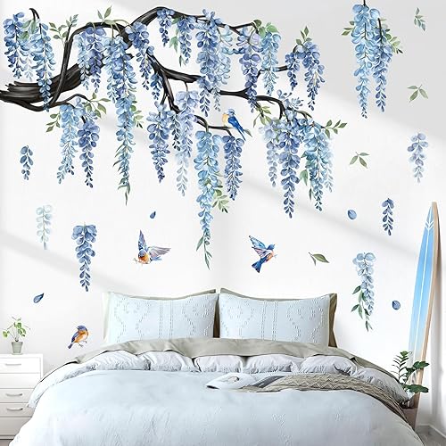 Adesivi Murali XXL Ramo di Albero Fiori Blu Adesivi da Parete Uccelli sul Ramo Fiori Foglie di Vite Acquerello Decorazione Murale Camerette Bambini Soggiorno Camere Ragazze - Honorern