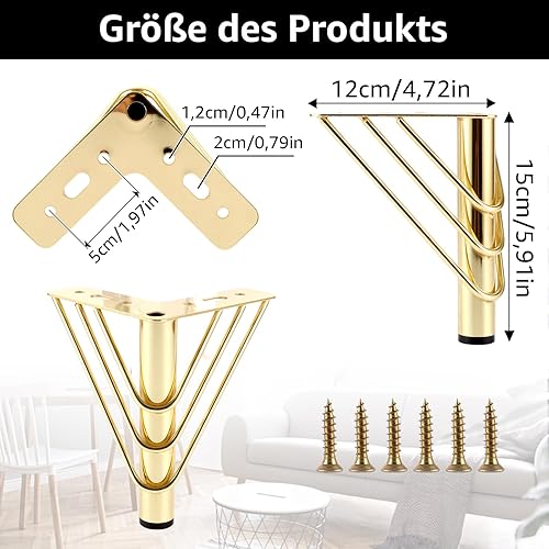 4 piedini per mobili dorati, 15 cm, in metallo, con viti per divani, tavolini, armadi, TV, comodini - Honorern