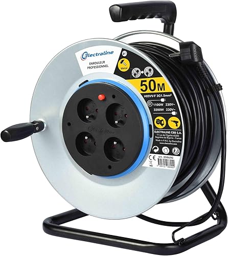 Electraline 208690 208690-Prolunga elettrica in Metallo, 50 m, 4 Prese con Guida per Il Cavo, Piastra Fissa e Impugnatura ergonomica, Grigio - Honorern