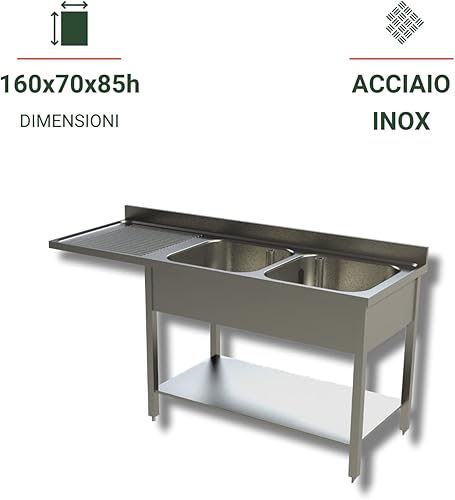 Lavello in Acciaio Inox - Professionale, per Cucine Ristoranti e Pizzerie - 2 Vasche, Gocciolatorio a Sbalzo a Sx - 160x70x85h - Honorern