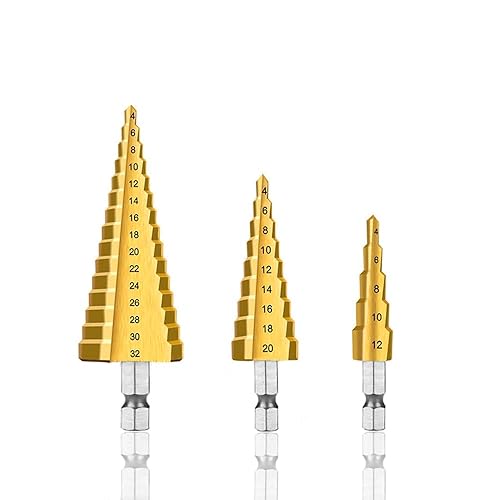 Set di 3 Punte Coniche per Trapano HSS Drill Bit 4-12/4-20/4-32mm Titanio Rivestito Step Drill Conico Trapano per PVC, Legno, Metallo, Alluminio, Rame - Honorern