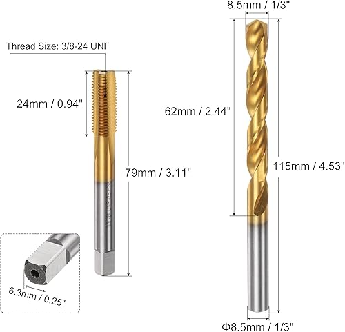 Set di Punte Maschiatura, Maschio per Filettare a Flauto Dritto 3/8-24 UNF Punta Elicoidale 1/3' (8,5mm), Utensili Riparazione Filetti Acciaio Alta Velocità M2 Rivestiti Titanio - Honorern