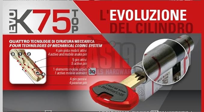 SECUREMME Cilindro di Sicurezza K75 mm.62, Doppio Cilindro, Nickel, 5 Chiavi in Dotazione, Frizionato - Honorern
