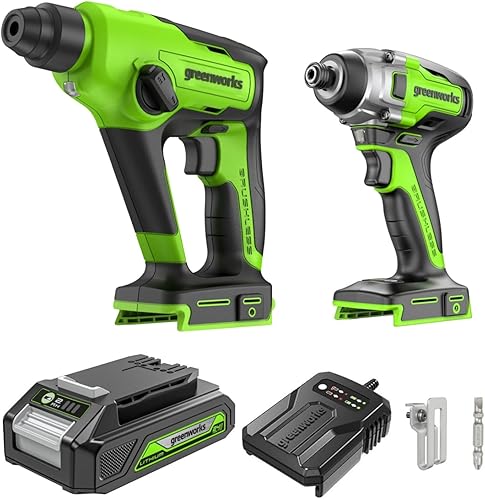 Greenworks Martello perforatore a batteria da 24 V, 1,2 J, con avvitatore a percussione 300 Nm, batteria da 2 Ah e caricatore - Honorern