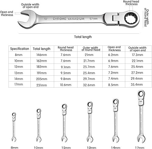 Set di Chiavi e Cricchetto da 6 Pezzi Chiavi Combinate a Cricchetto 72 denti Metrico 8/10/12/13/14/17 mm, Chiave ad Azione Acciaio al Cromo Vanadio Cr-V con Supporto per Trasporto - Honorern